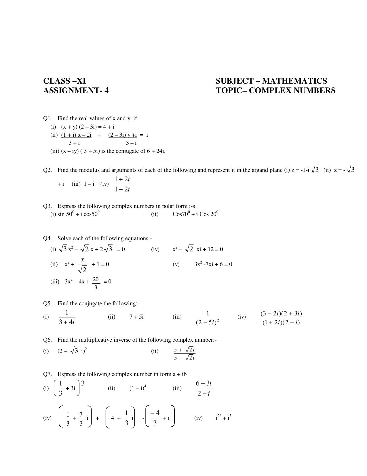 CBSE Worksheets for Class 11 Mathematics Complex Numbers and Quadratic Equation Assignment 6 - Page 1