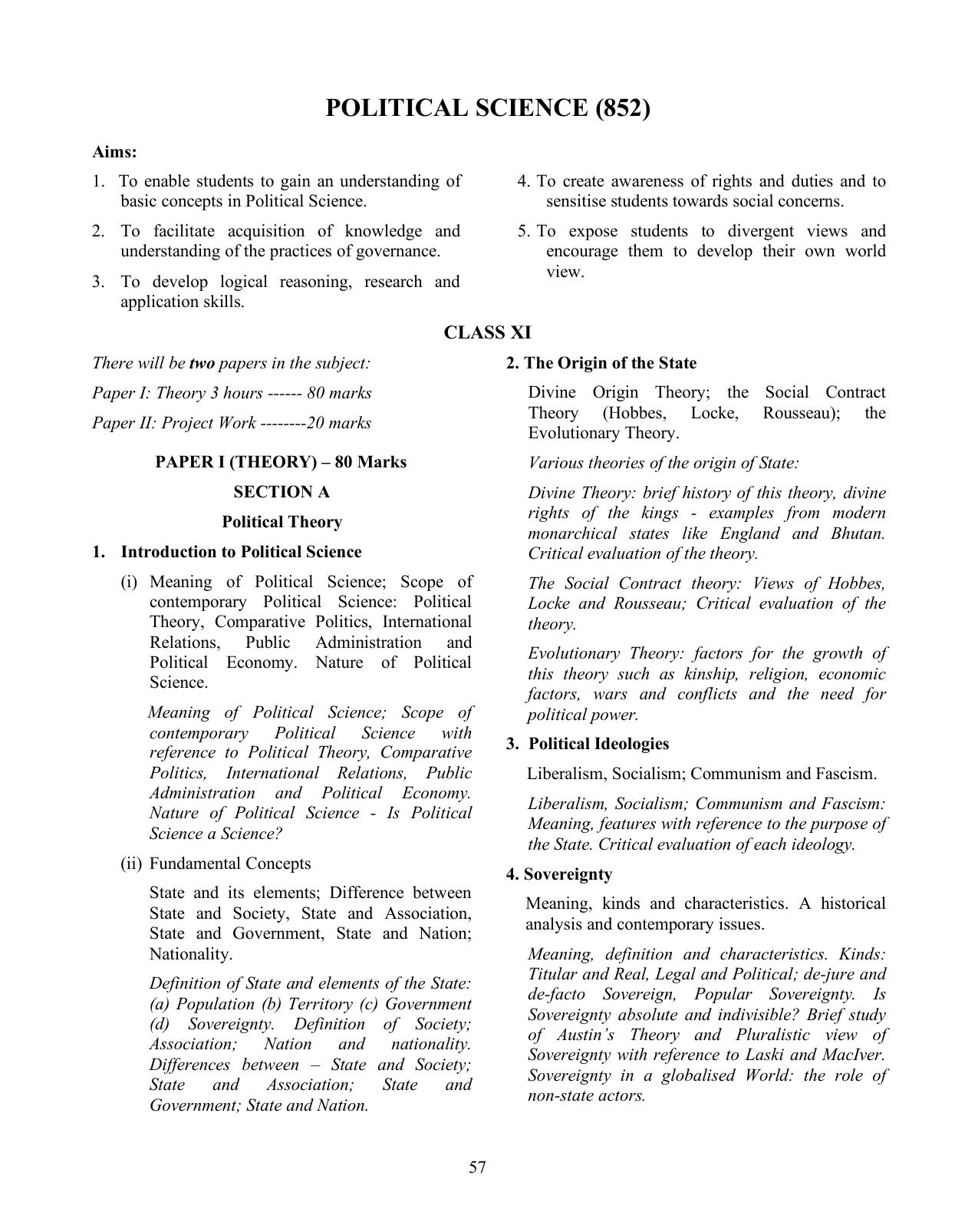 ISC Class XI & XII Political Science Syllabus - Page 1