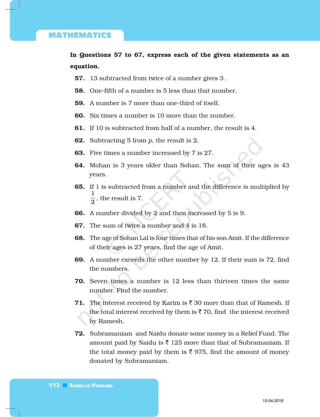 NCERT Exemplar Book for Class 7 Maths: Chapter 4- Simple Equations - Page 15
