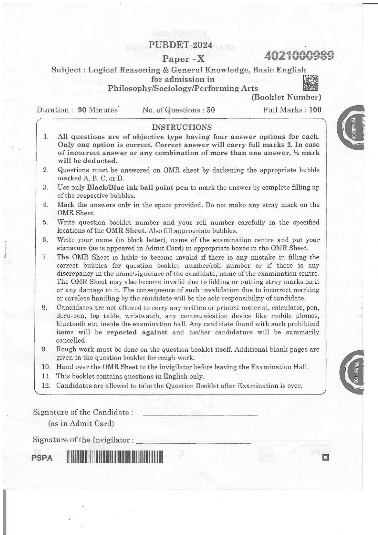 WB PUBDET 2024 PSPA Question Paper - Page 1