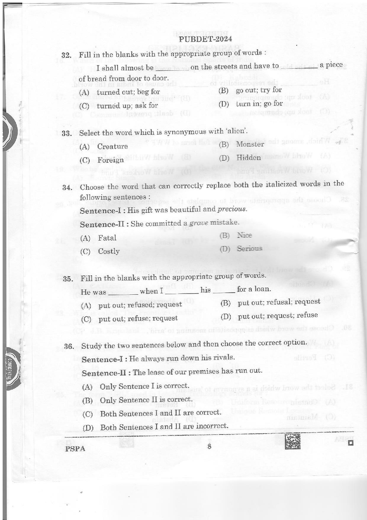 WB PUBDET 2024 PSPA Question Paper - Page 8