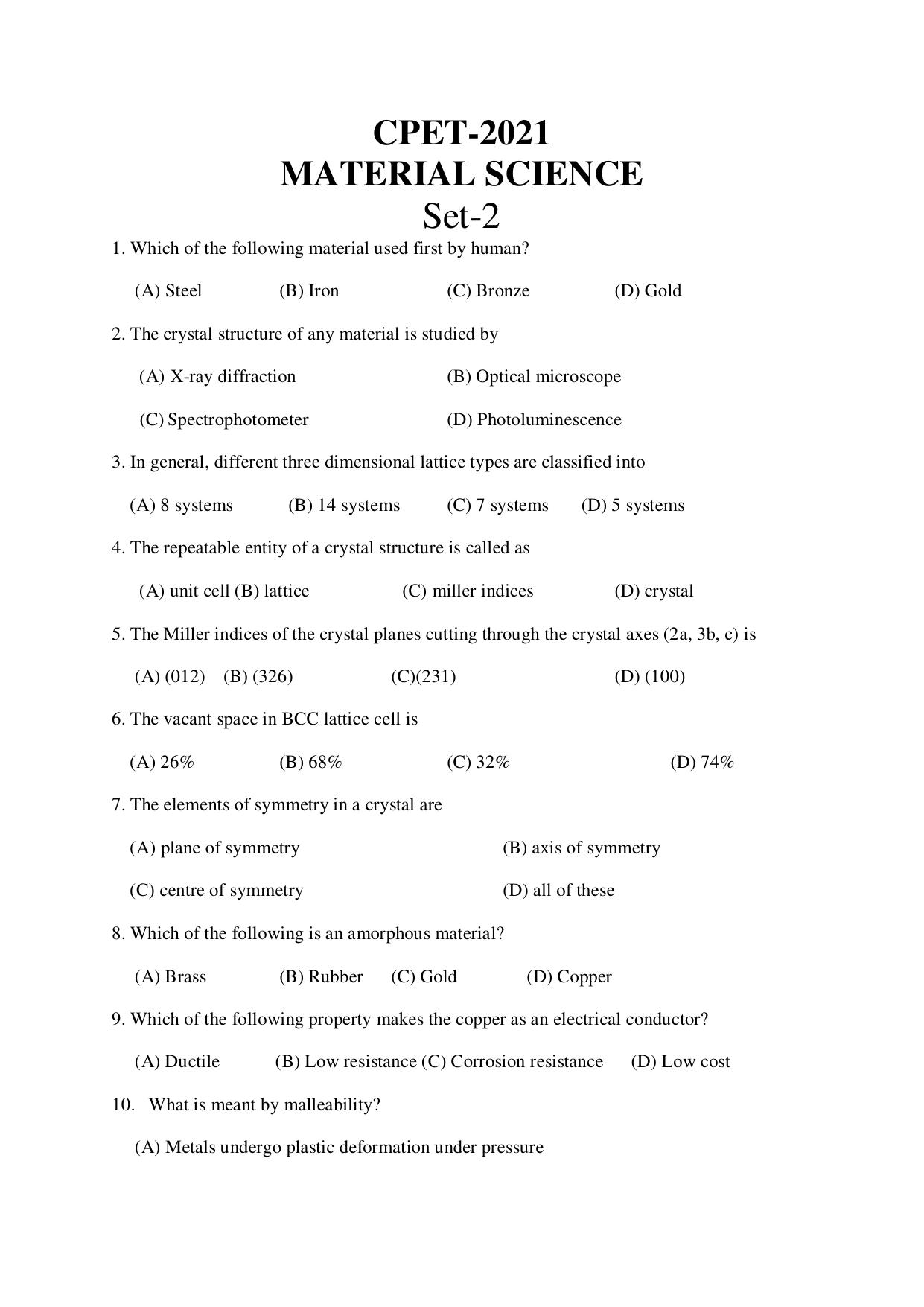 Odisha CPET MATERIAL SCIENCE SET II 2021 Question Paper - Page 1
