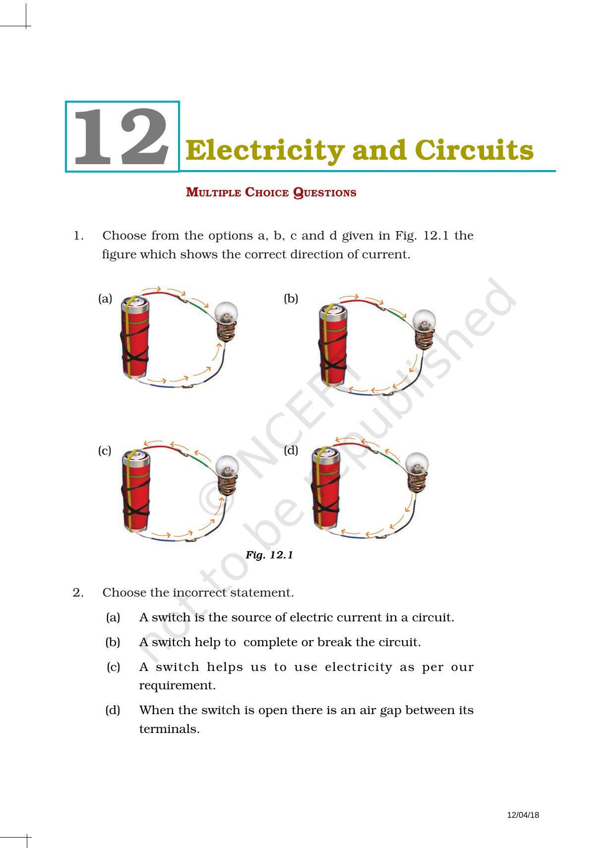NCERT Exemplar Book for Class 6 Science: Chapter 12-Electricity and Circuits - Page 1