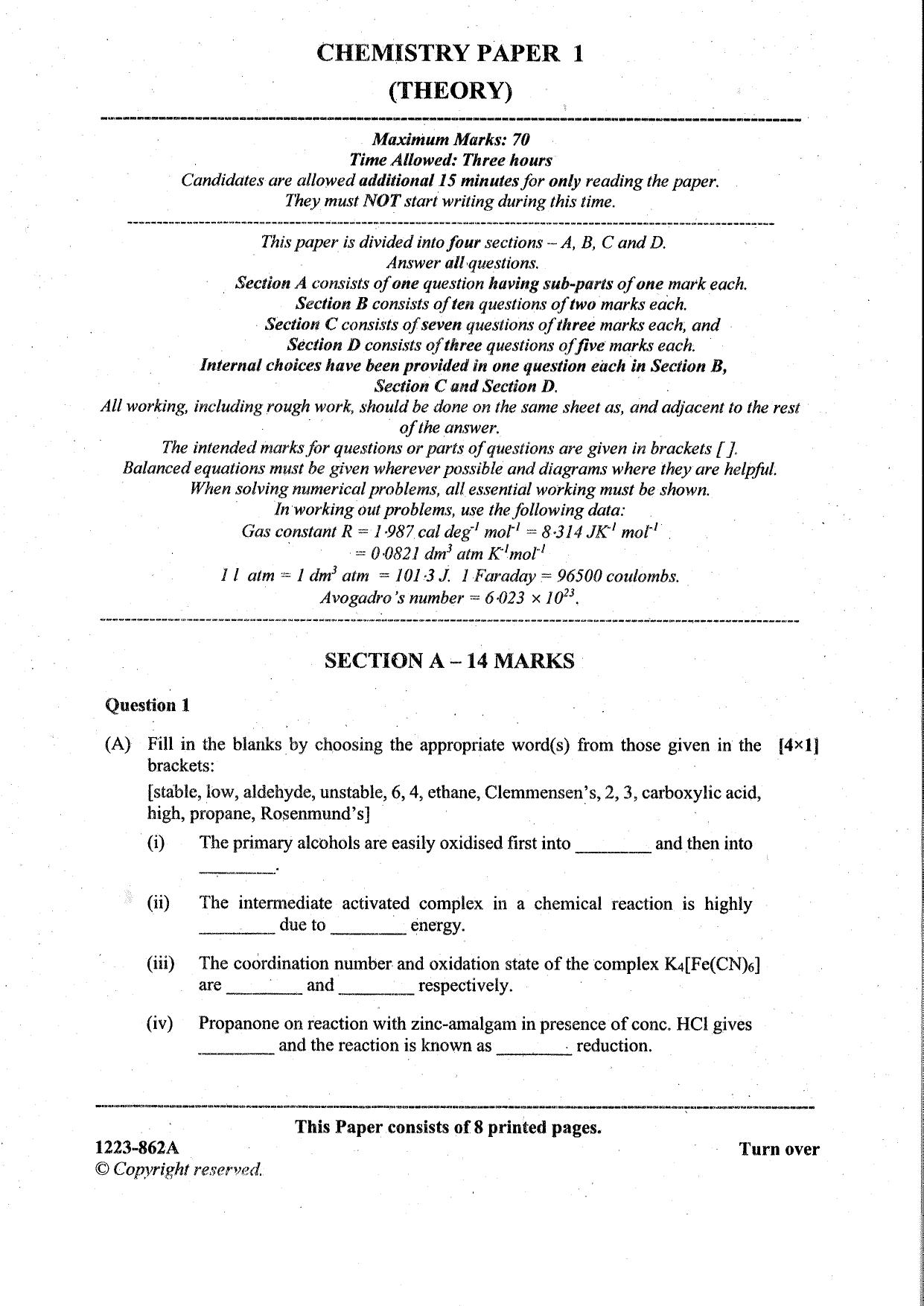 ISC Class 12 Chemistry 2023 Question Paper - Page 1