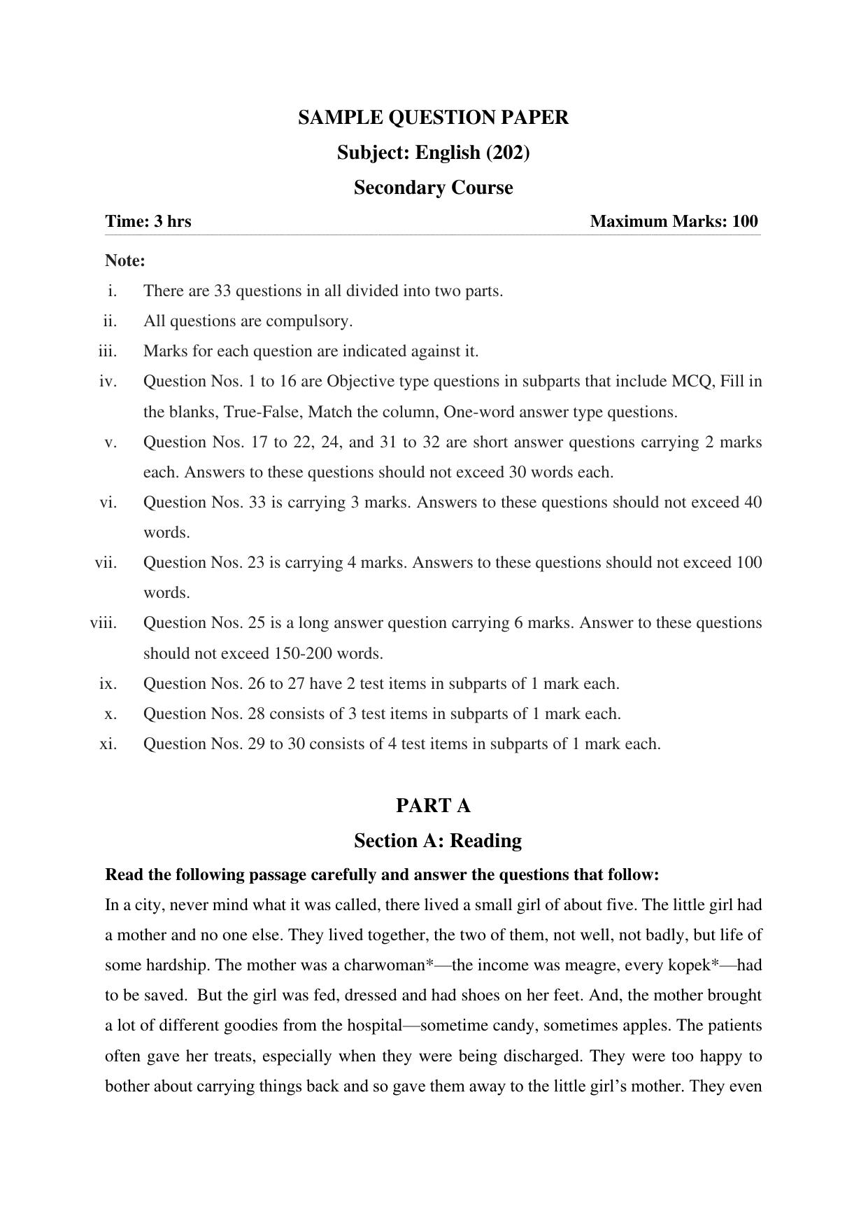 NIOS Class 10 English (202) Sample Paper - Page 1