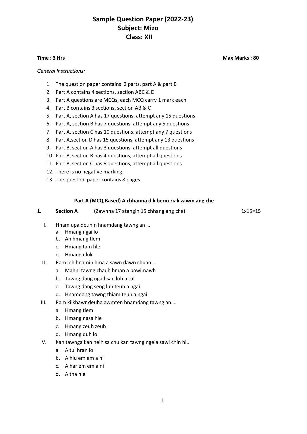 CBSE Class 12 Mizo Sample Paper 2023 - Page 1