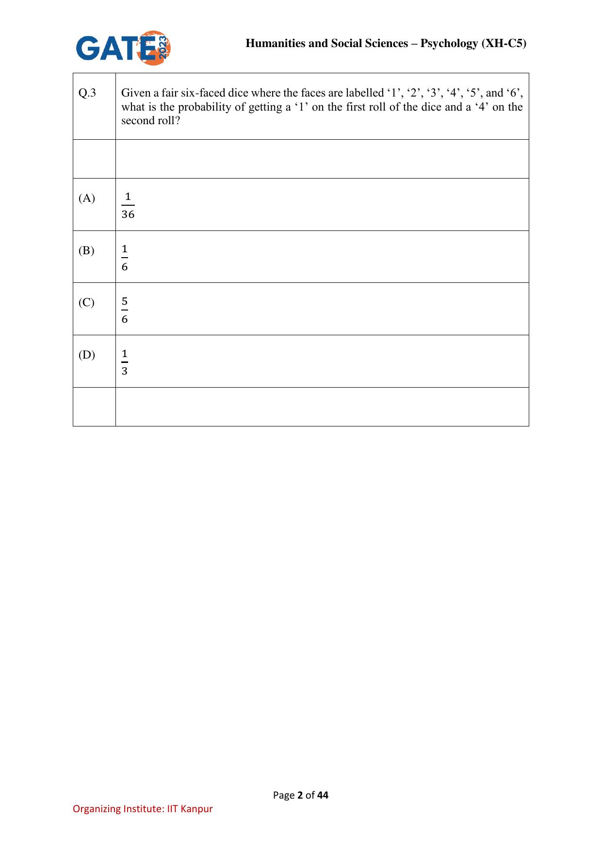 GATE 2023 Humanities & Social Sciences – Psychology (XH-C5) Question Paper - Page 2