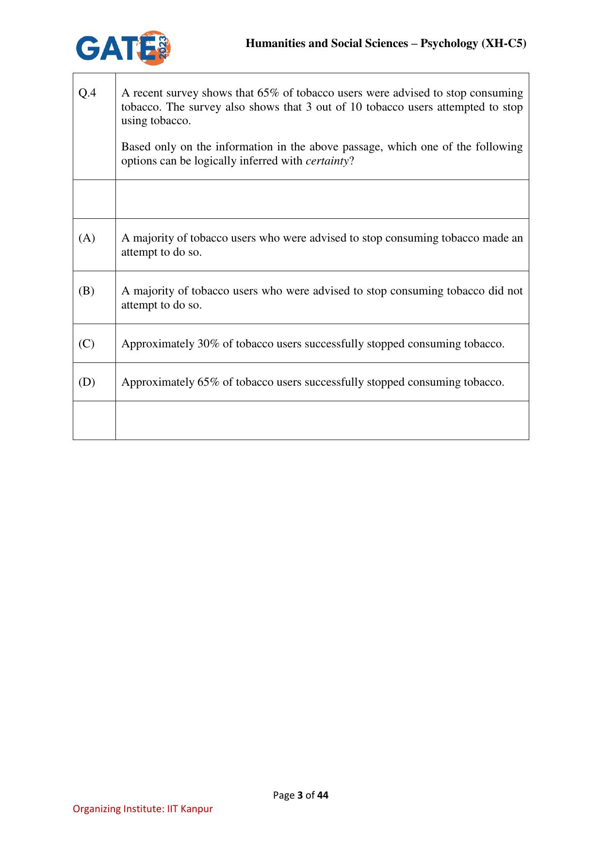 GATE 2023 Humanities & Social Sciences – Psychology (XH-C5) Question Paper - Page 3