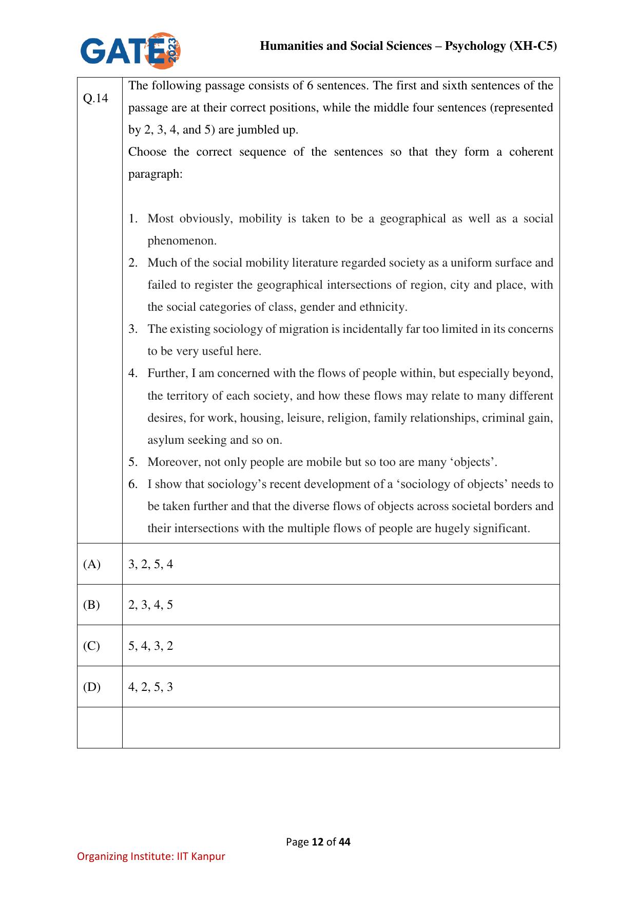 GATE 2023 Humanities & Social Sciences – Psychology (XH-C5) Question Paper - Page 12