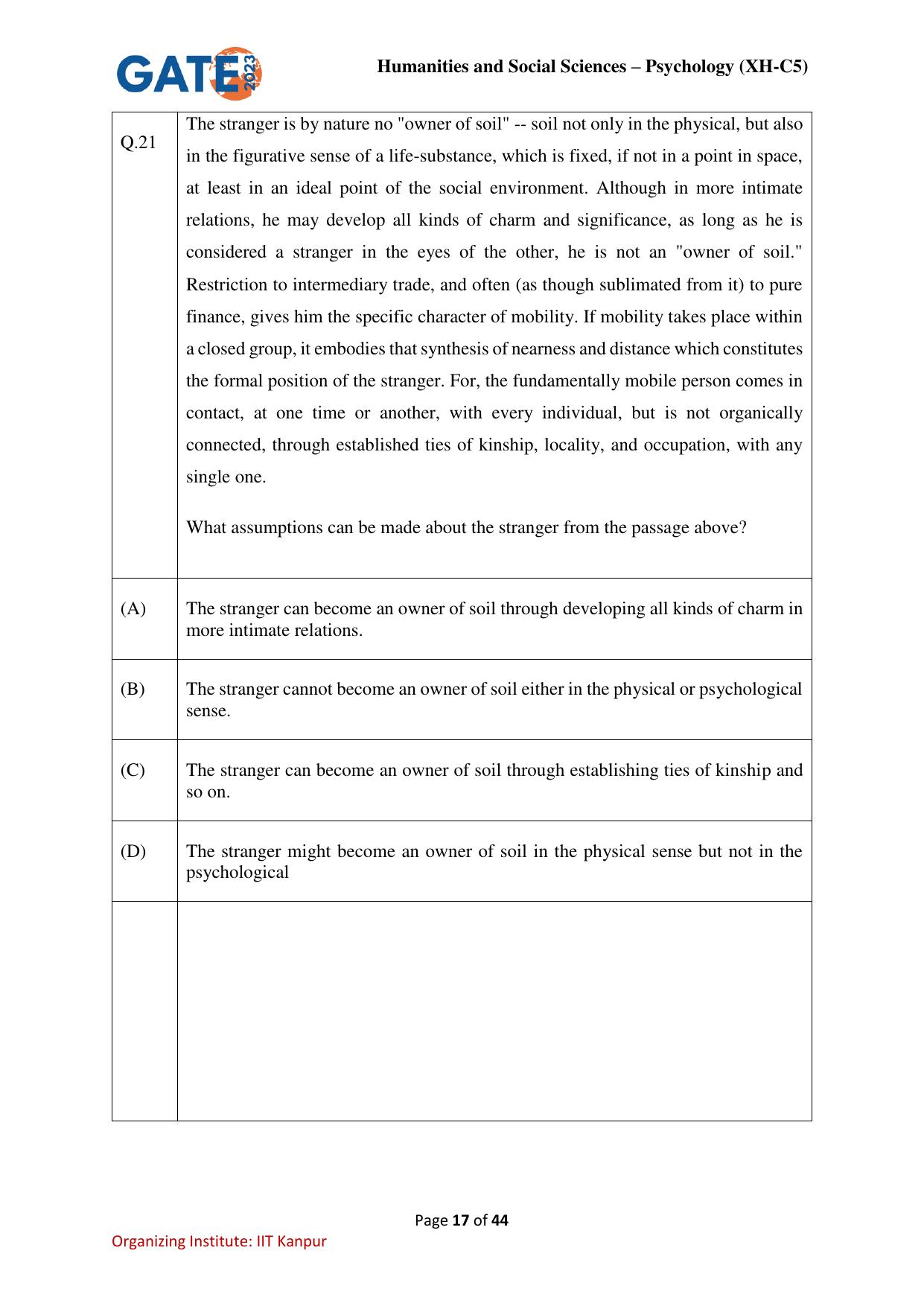 GATE 2023 Humanities & Social Sciences – Psychology (XH-C5) Question Paper - Page 17