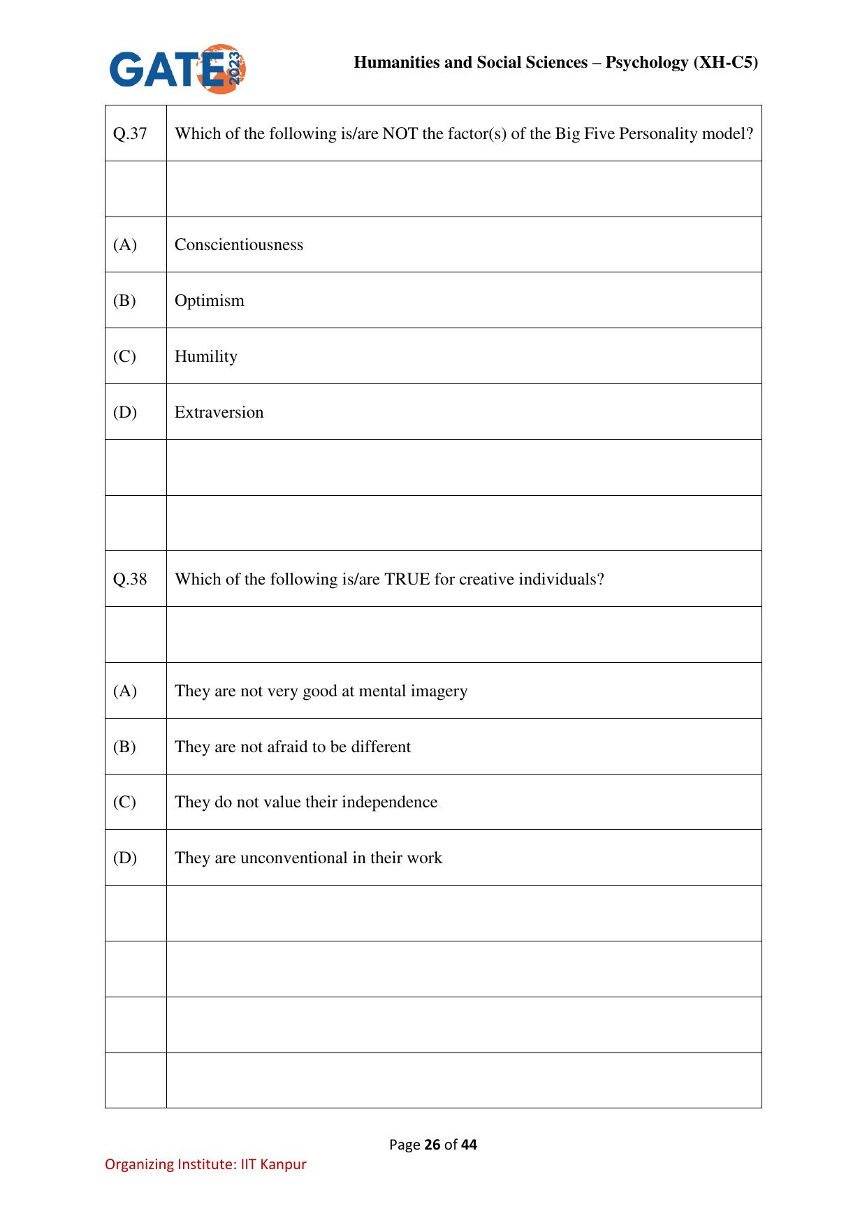 GATE 2023 Humanities & Social Sciences – Psychology (XH-C5) Question Paper - Page 26