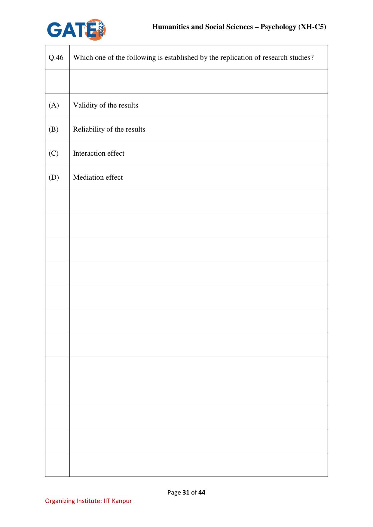 GATE 2023 Humanities & Social Sciences – Psychology (XH-C5) Question Paper - Page 31