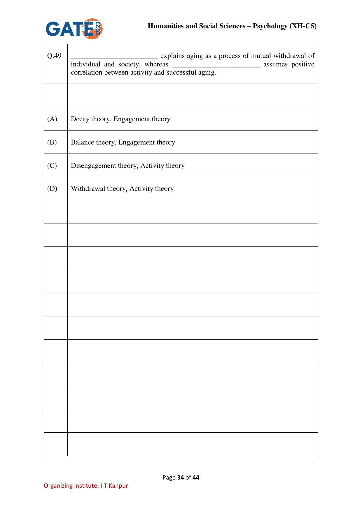 GATE 2023 Humanities & Social Sciences – Psychology (XH-C5) Question Paper - Page 34