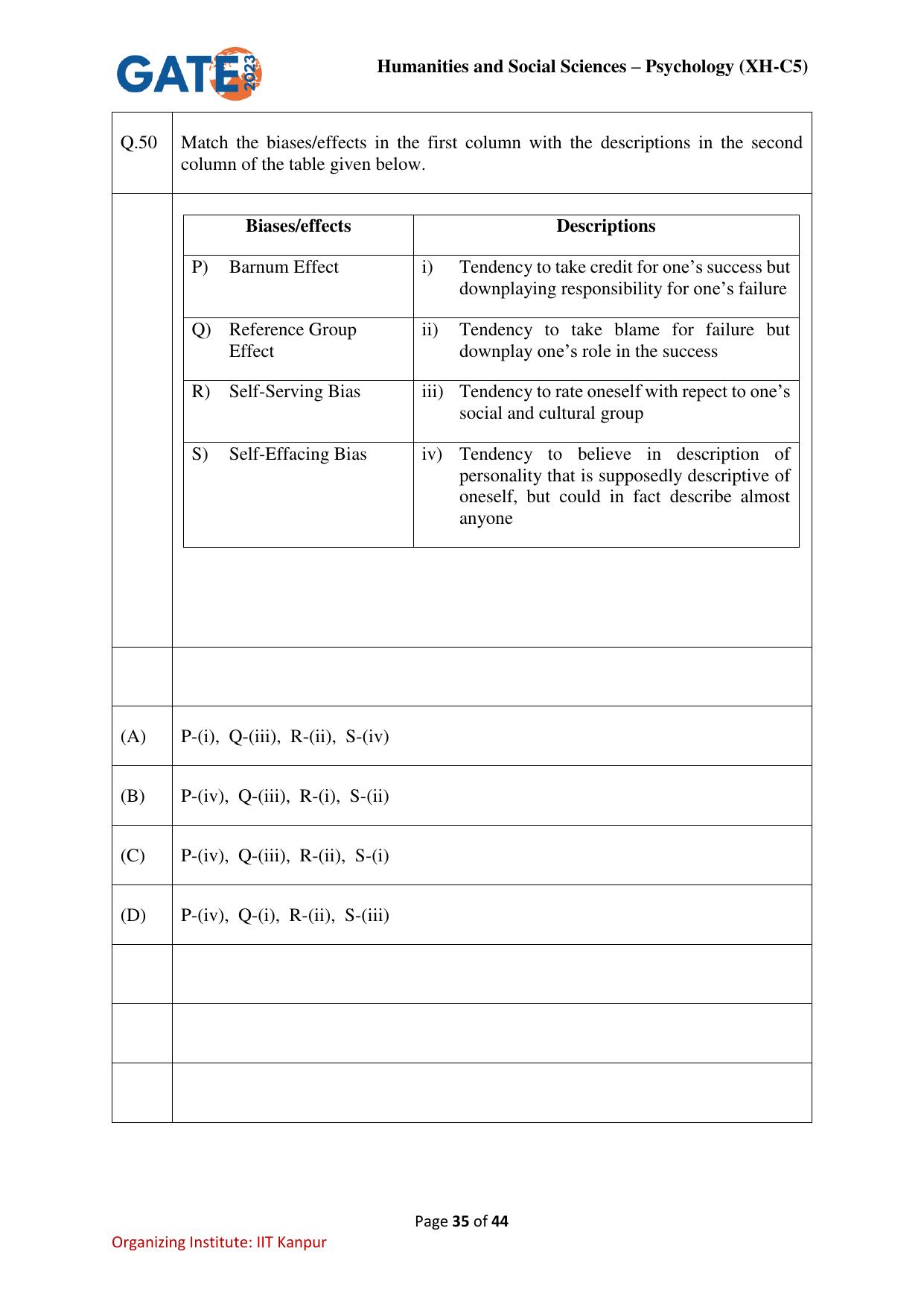GATE 2023 Humanities & Social Sciences – Psychology (XH-C5) Question Paper - Page 35