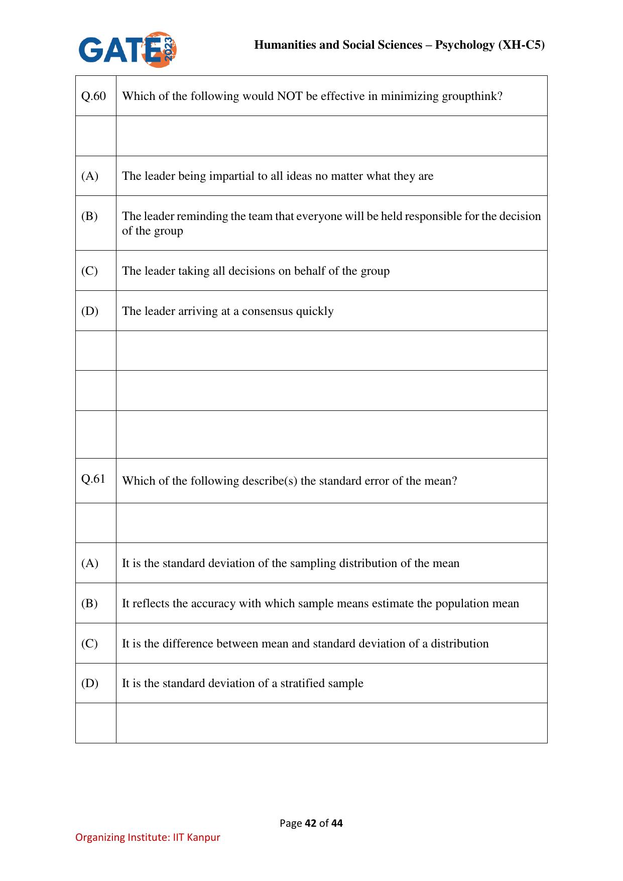 GATE 2023 Humanities & Social Sciences – Psychology (XH-C5) Question Paper - Page 42