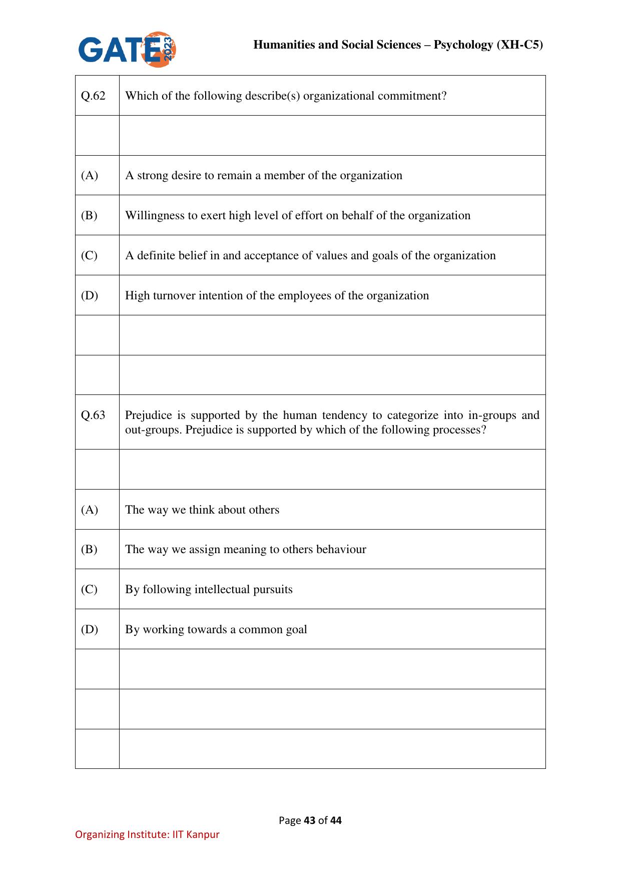 GATE 2023 Humanities & Social Sciences – Psychology (XH-C5) Question Paper - Page 43