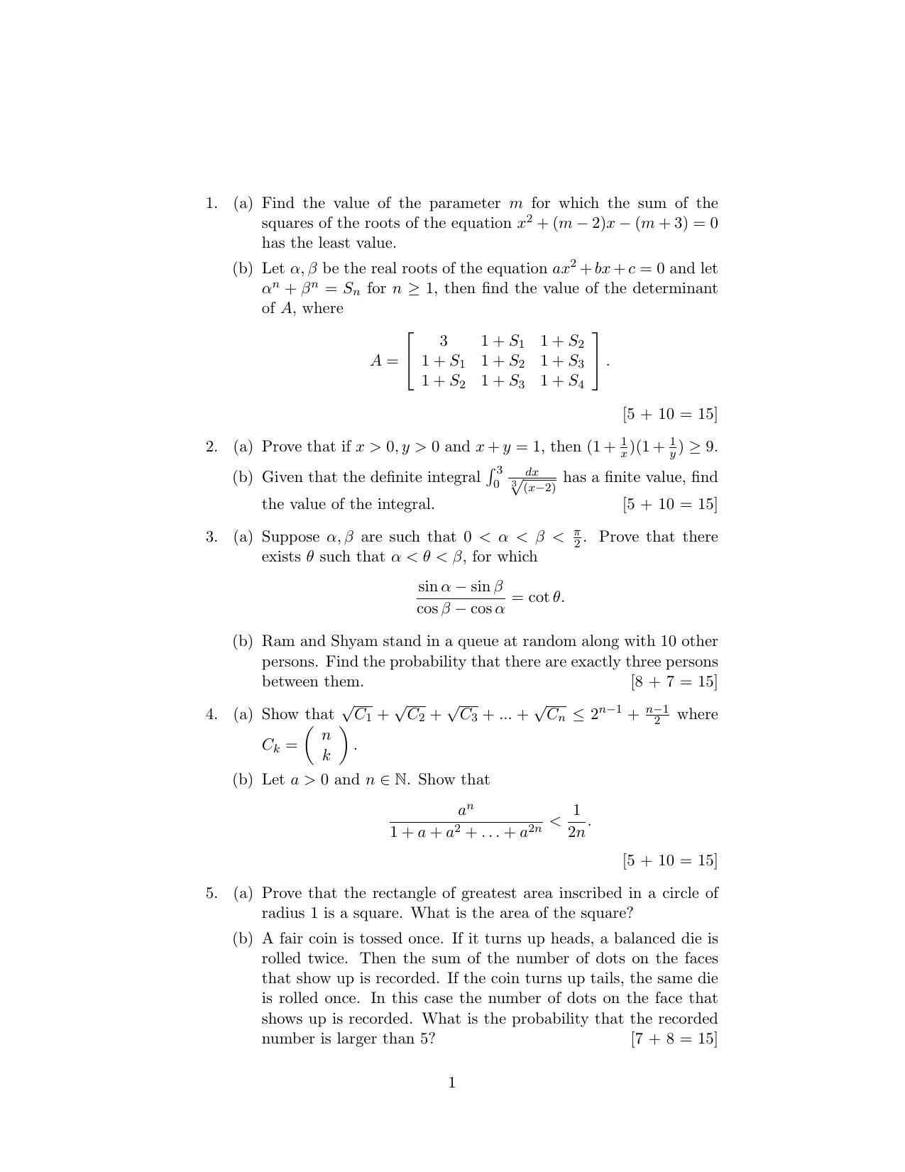 ISI Admission Test M.S.(QMS) QMB 2018 Sample Paper - Page 1