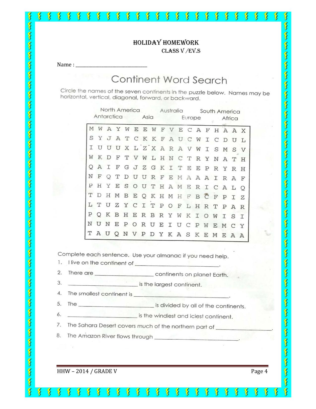 Worksheet for Class 5 Environmental Studies Continents Assignment - Page 1