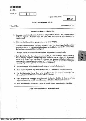 CUSAT CAT 2011 MCA Question Paper