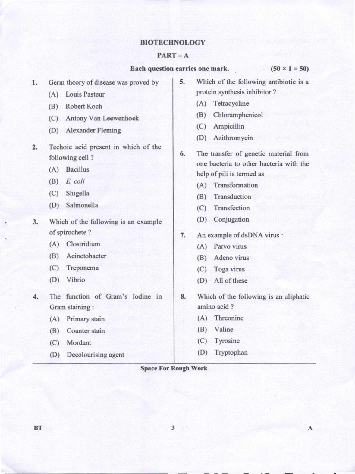 Karnataka PGCET 2018 Biotechnology Question Paper - Page 3