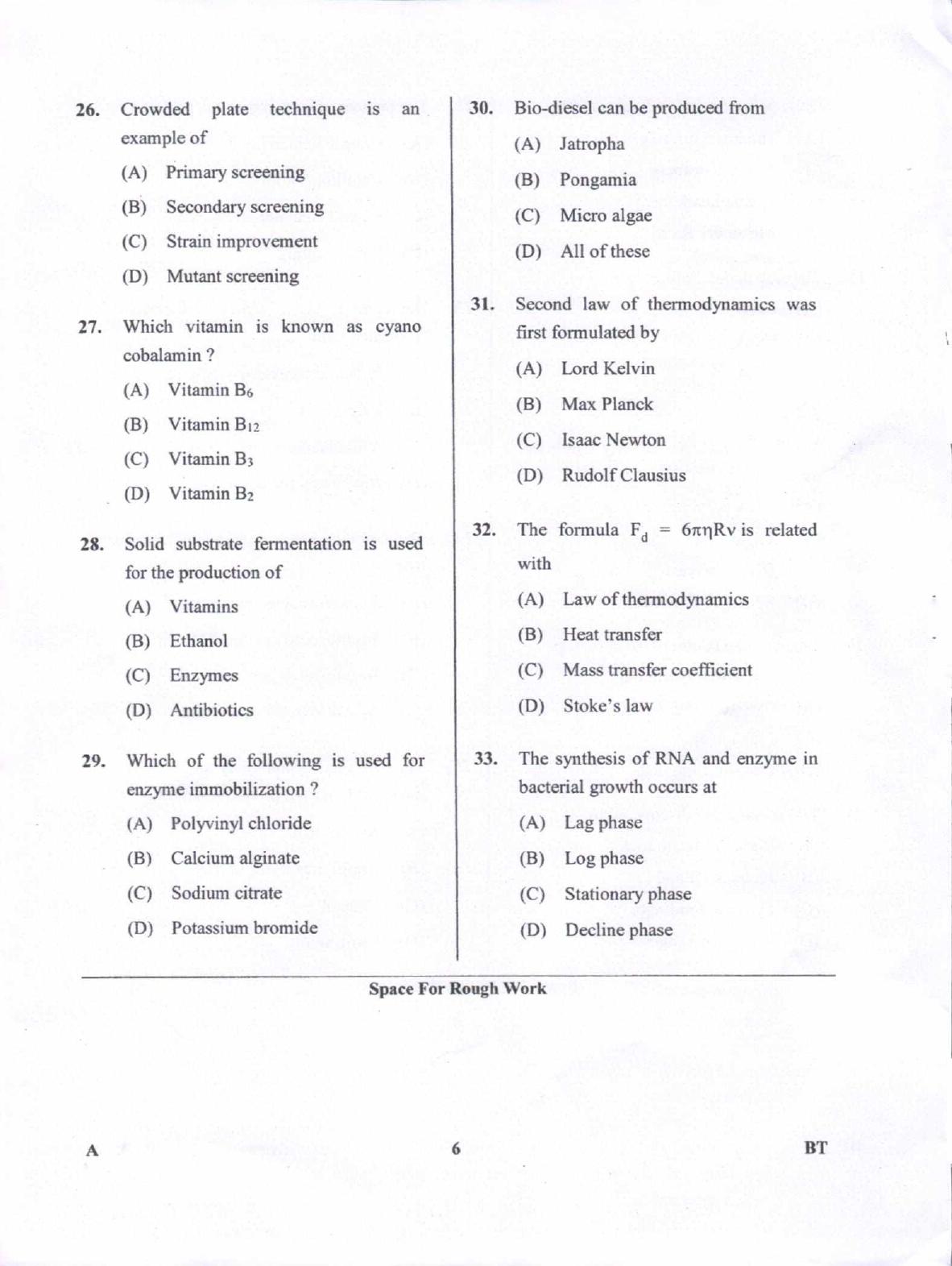 Karnataka PGCET 2018 Biotechnology Question Paper - Page 6