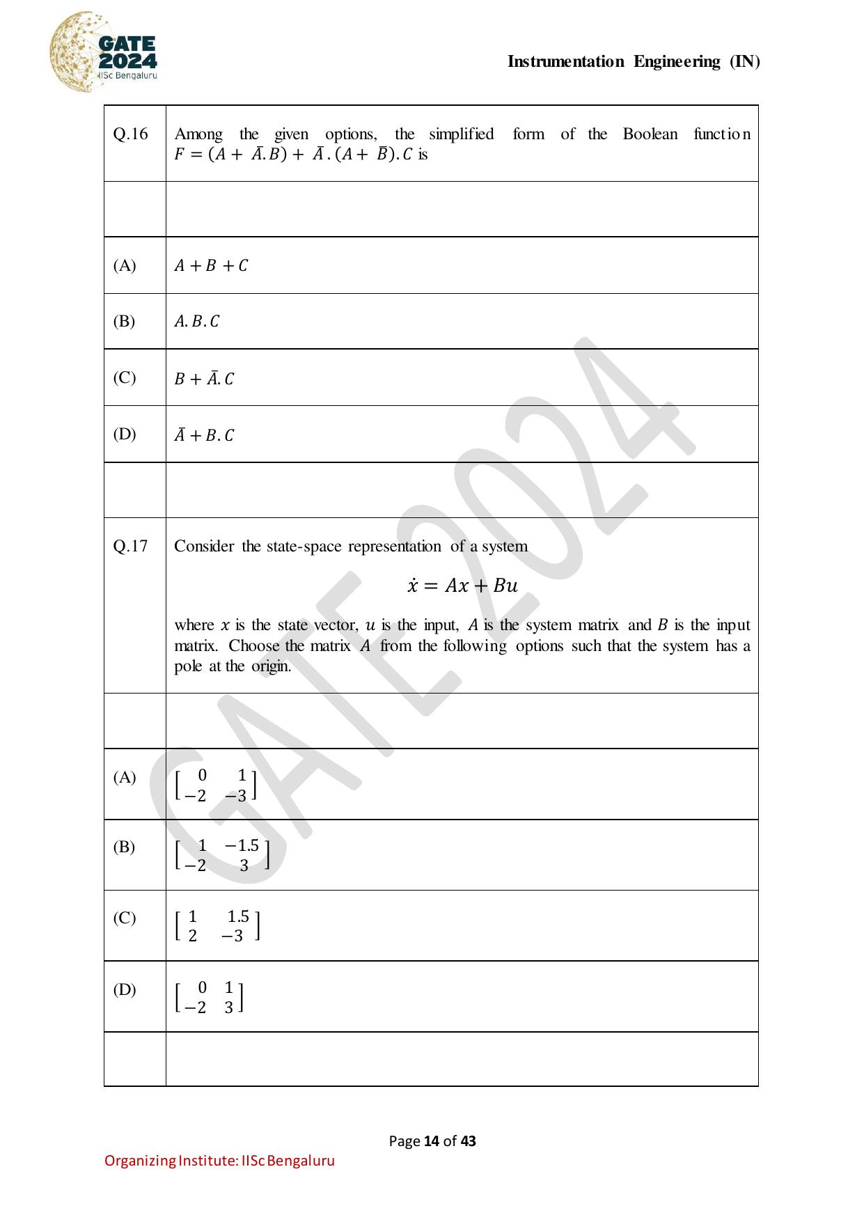 GATE 2024 Instrumentation Engineering (IN) Question Paper - Page 14