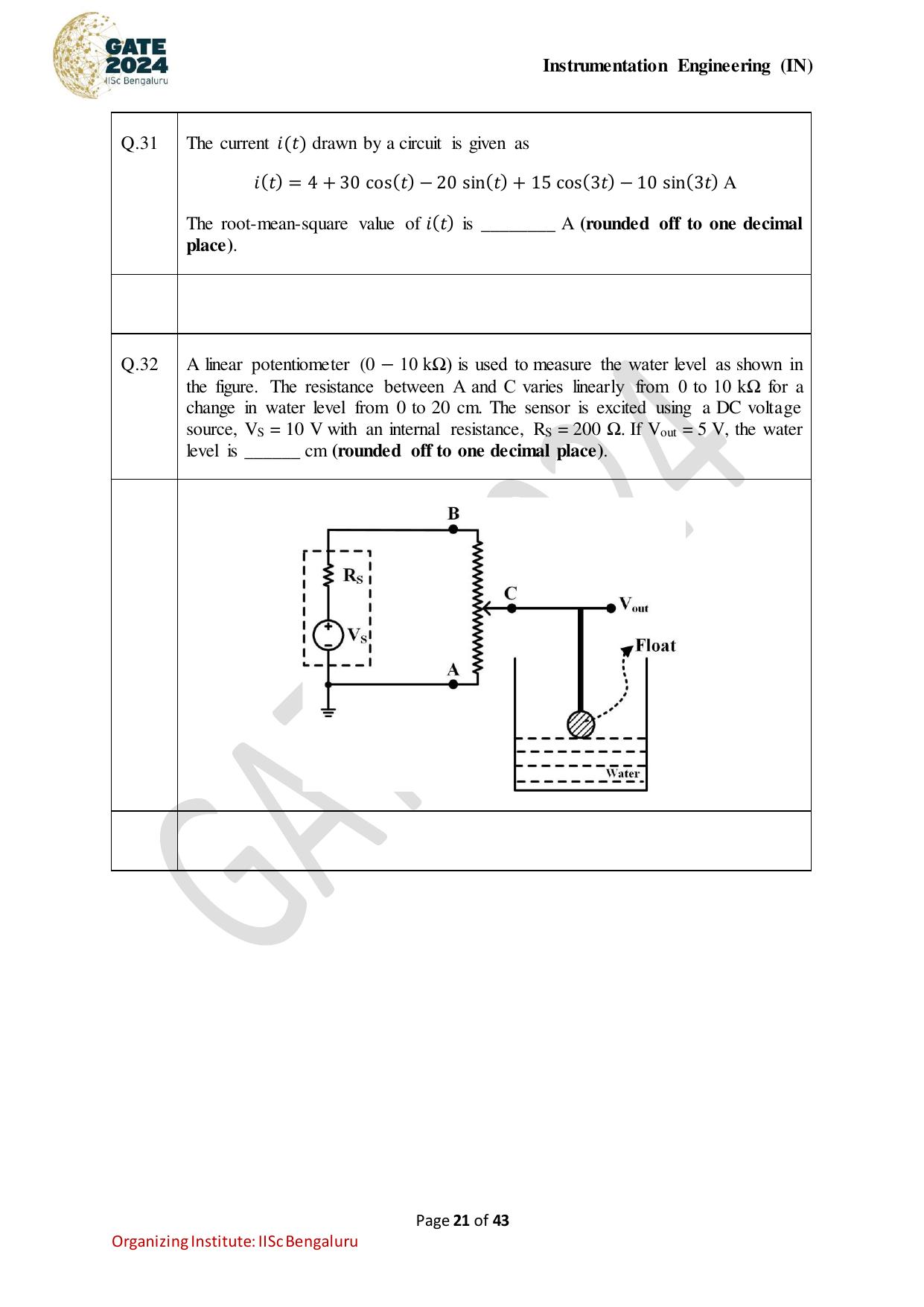 GATE 2024 Instrumentation Engineering (IN) Question Paper - Page 21