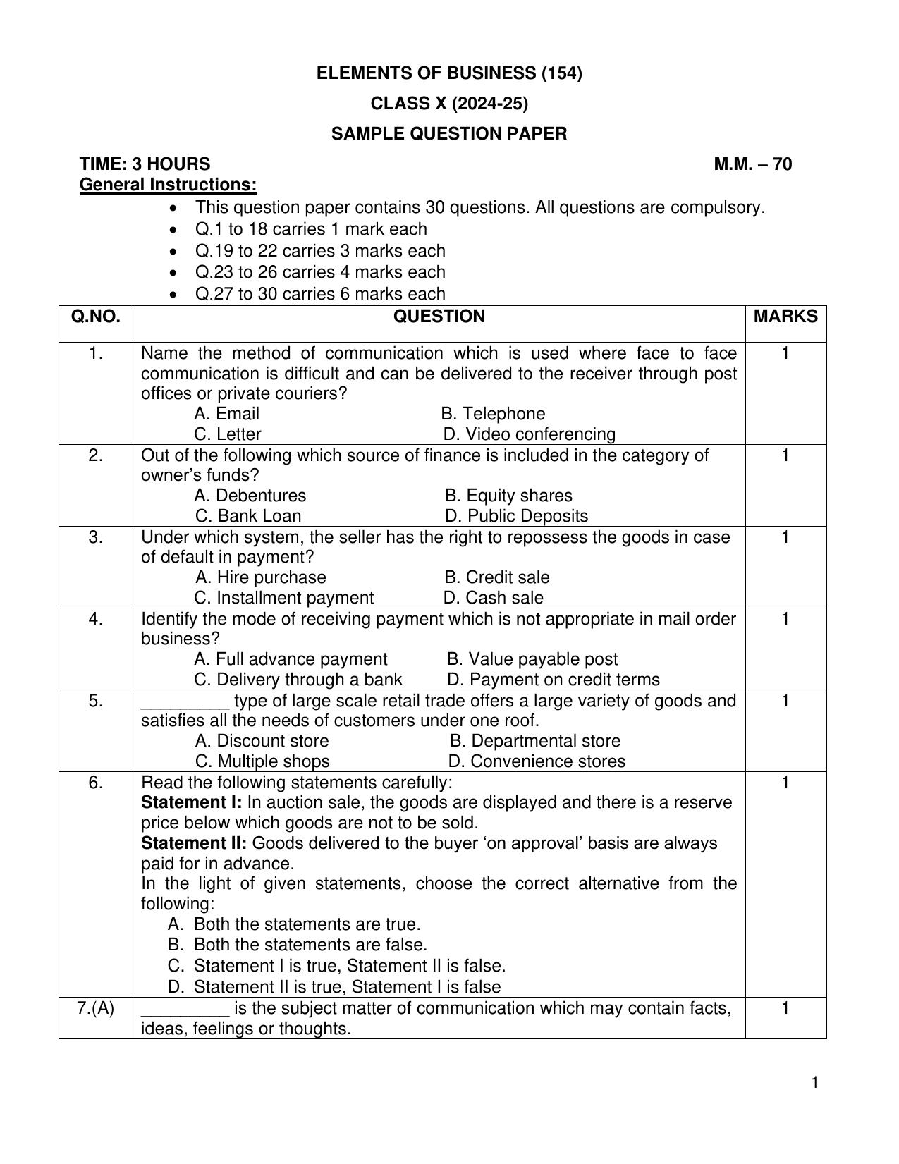 CBSE Class 10 Elements of Business Sample Paper 2025 - Page 1