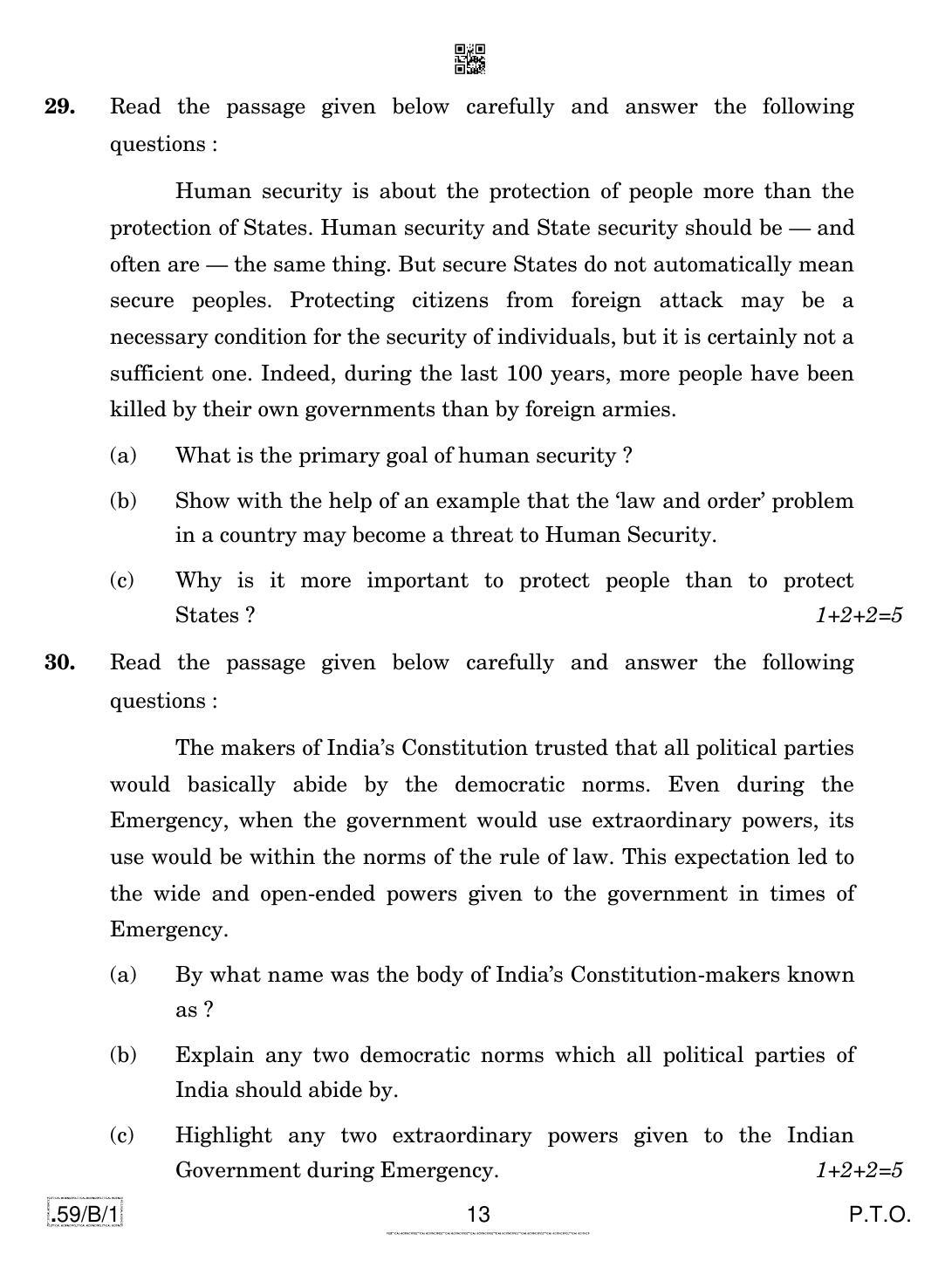 CBSE Class 12 59-C-1 - Political Science 2020 Compartment Question Paper - Page 13