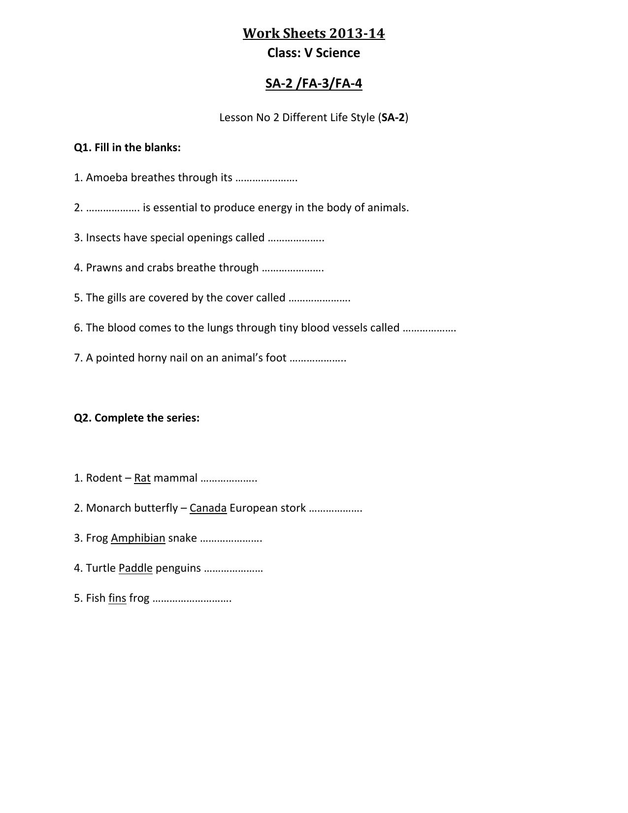 Worksheet for Class 5 Science Different Life Style Assignment 1 - Page 1
