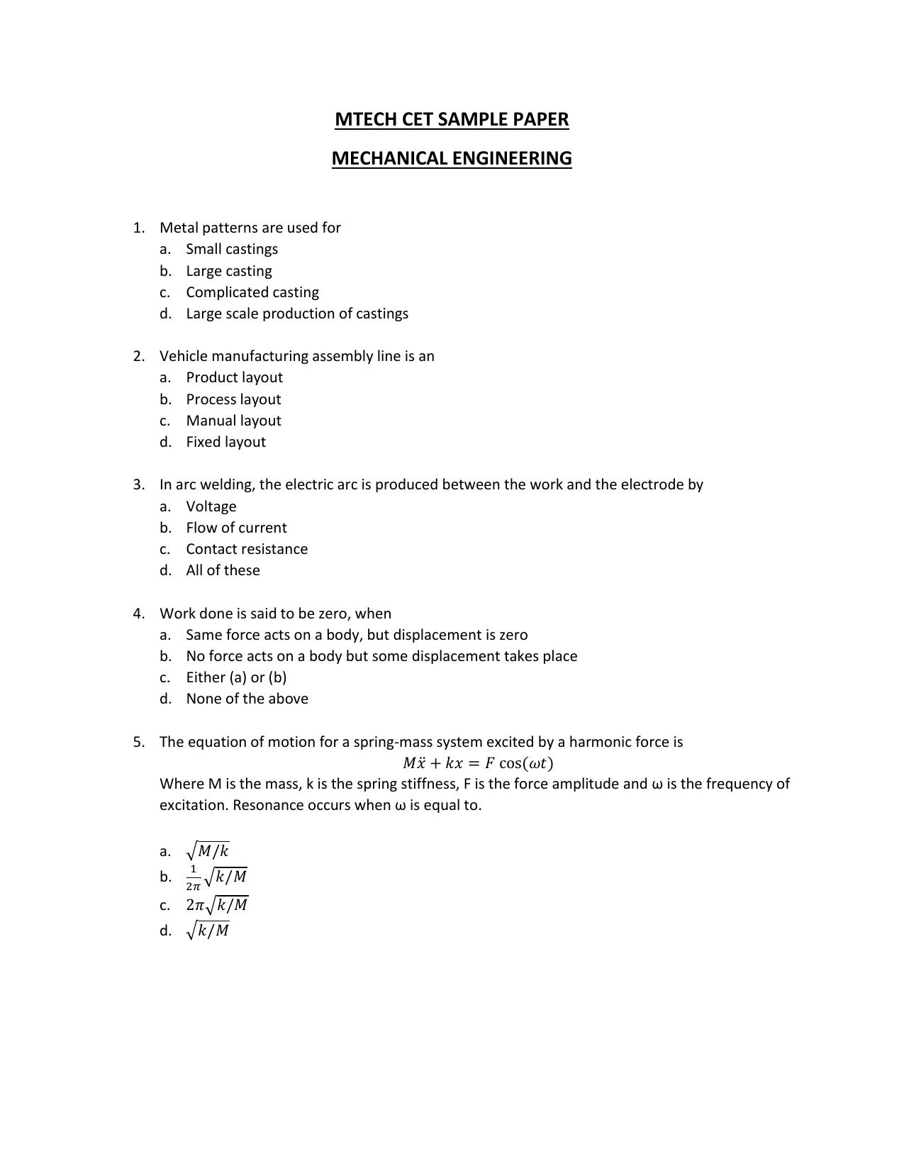 IMU CET M.Tech (for Mechanical Engineering Graduates) Sample Paper - Page 1