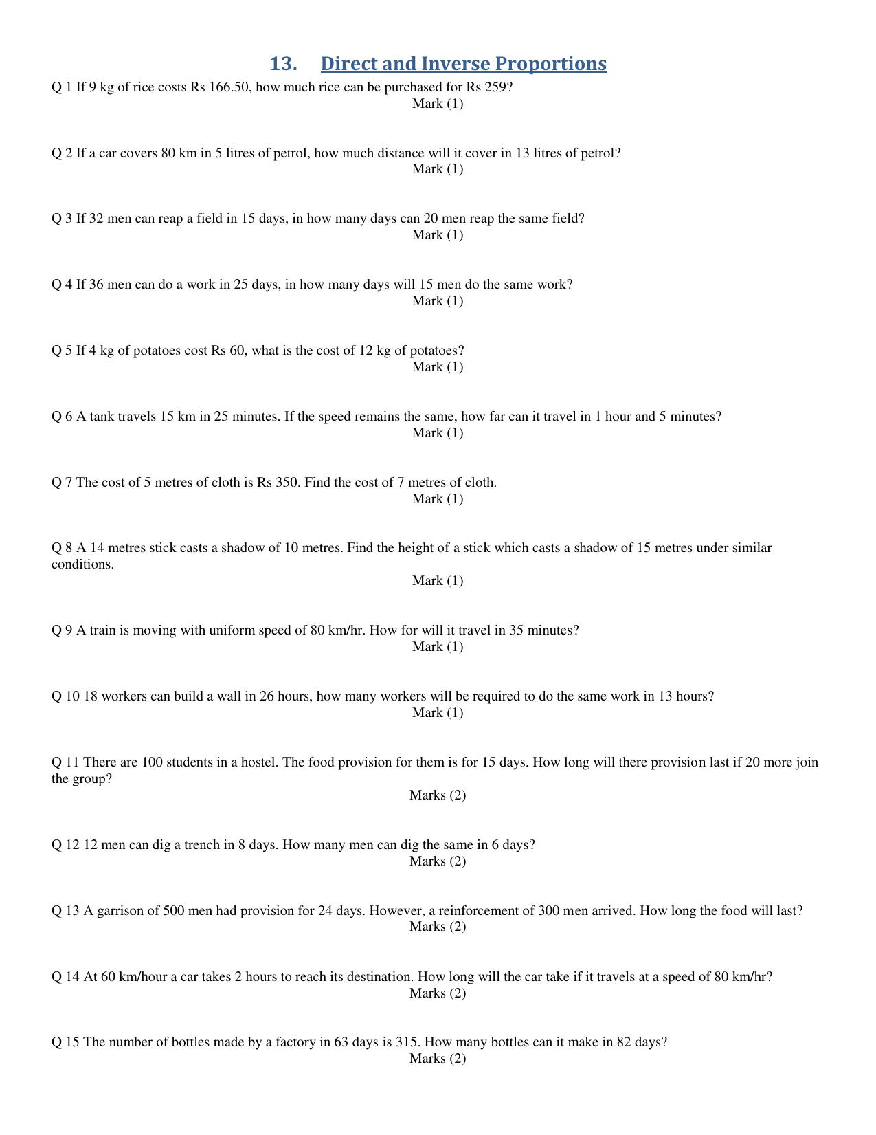 CBSE Worksheets for Class 8 Mathematics Direct and Inverse Proportions Assignment 1 - Page 1