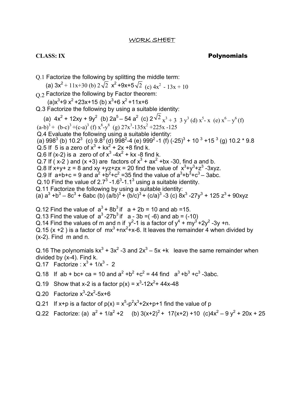 CBSE Worksheets for Class 9 Mathematics Polynomials Assignment 1 - Page 1