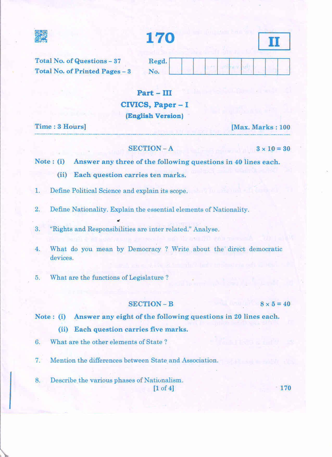 AP 2nd Year General Question Paper March - 2020 - CIVICS-I (EM) - Page 1