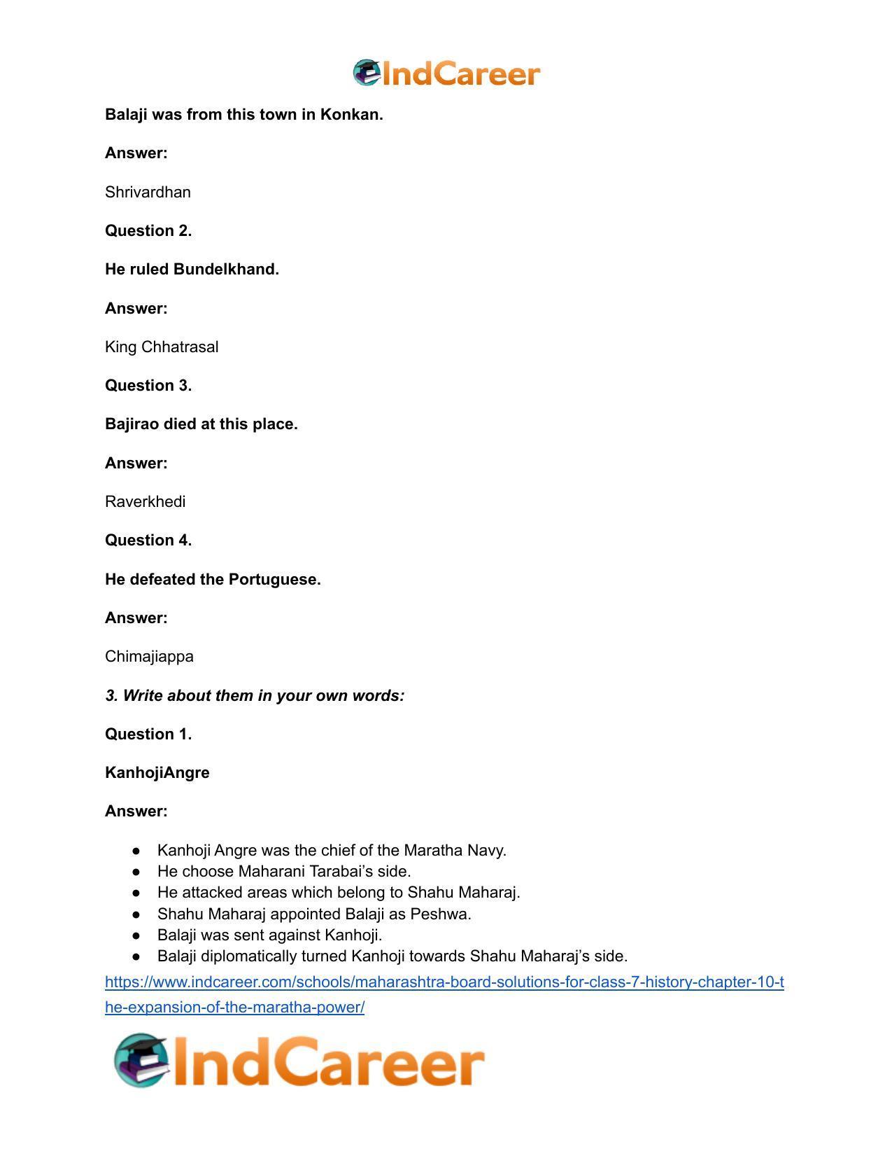 Maharashtra Board Solutions for Class 7- History: Chapter 10- The Expansion of the Maratha Power - Page 3