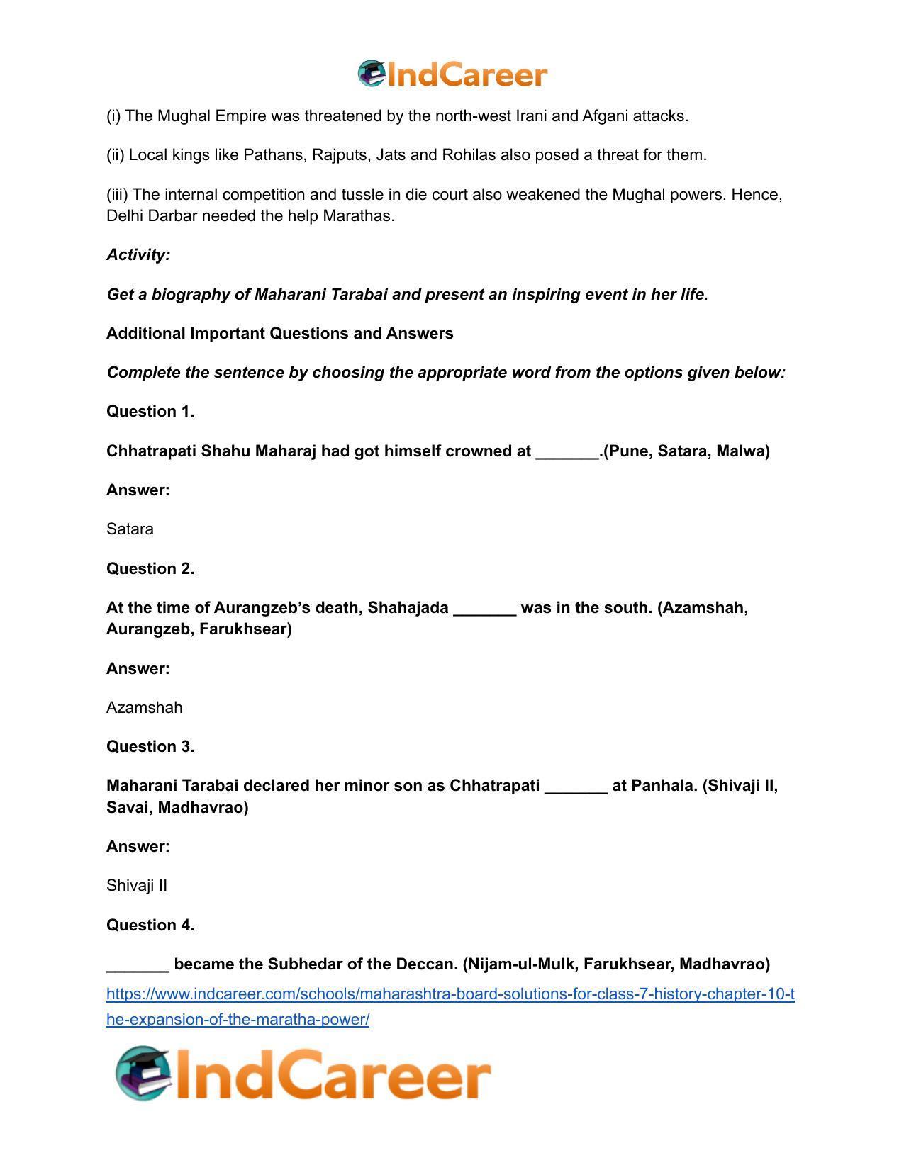 Maharashtra Board Solutions for Class 7- History: Chapter 10- The Expansion of the Maratha Power - Page 6