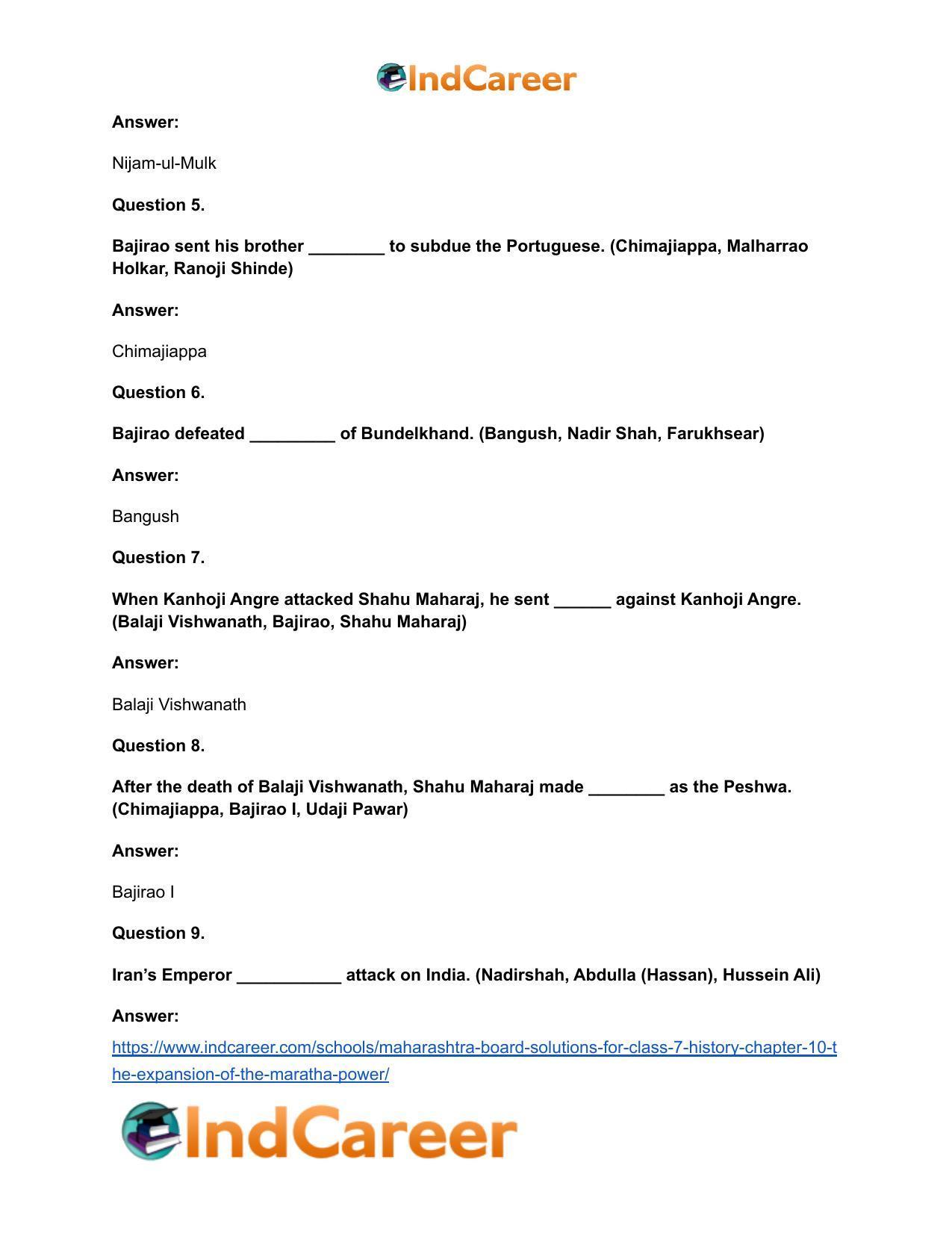 Maharashtra Board Solutions for Class 7- History: Chapter 10- The Expansion of the Maratha Power - Page 7