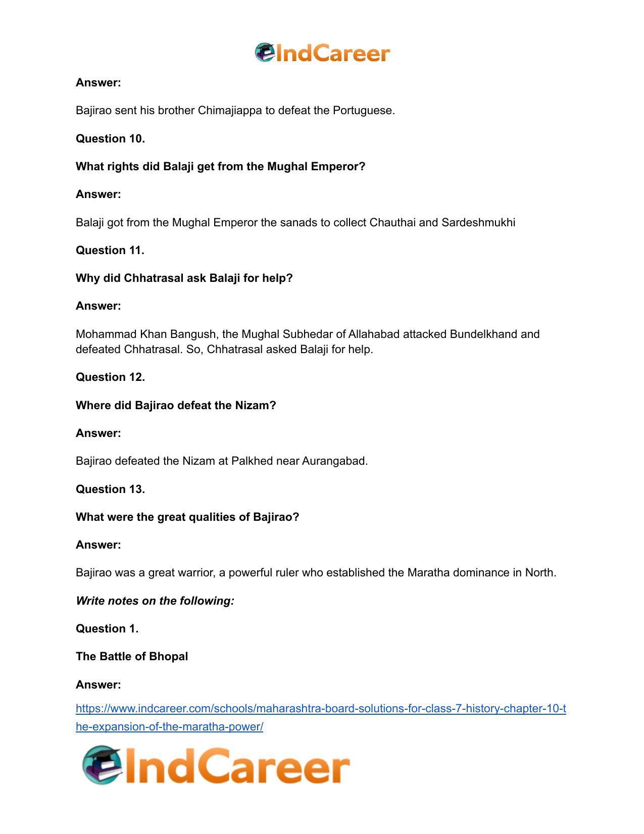 Maharashtra Board Solutions for Class 7- History: Chapter 10- The Expansion of the Maratha Power - Page 14
