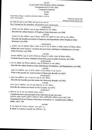 Bilaspur University Question Paper July 2022:LL.B Part Two (II  Sem.)(New Course) Labour And Industrial Laws-II Paper 1