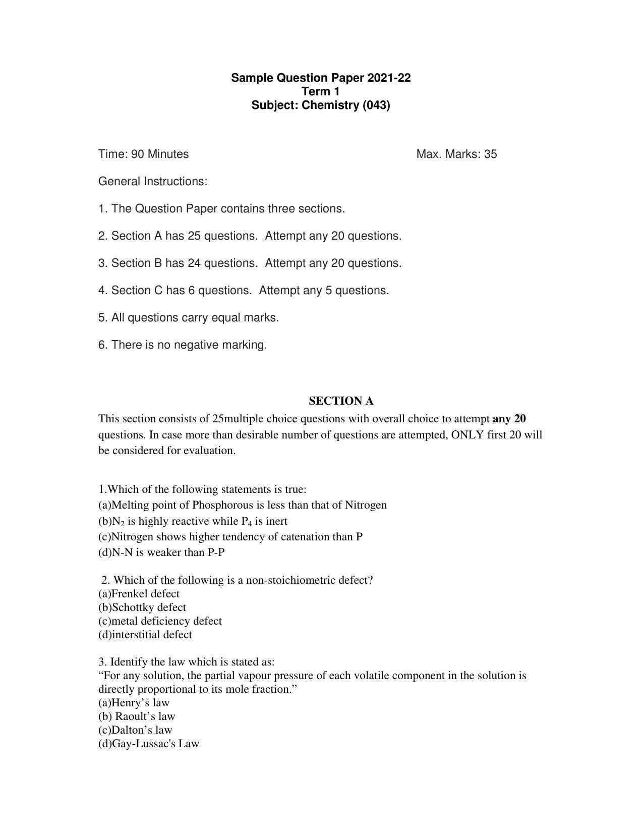 CBSE Class 12th Chemistry Sample Question Paper 2021-22 - Page 1