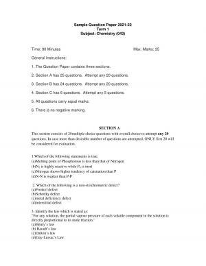 CBSE Class 12th Chemistry Sample Question Paper 2021-22