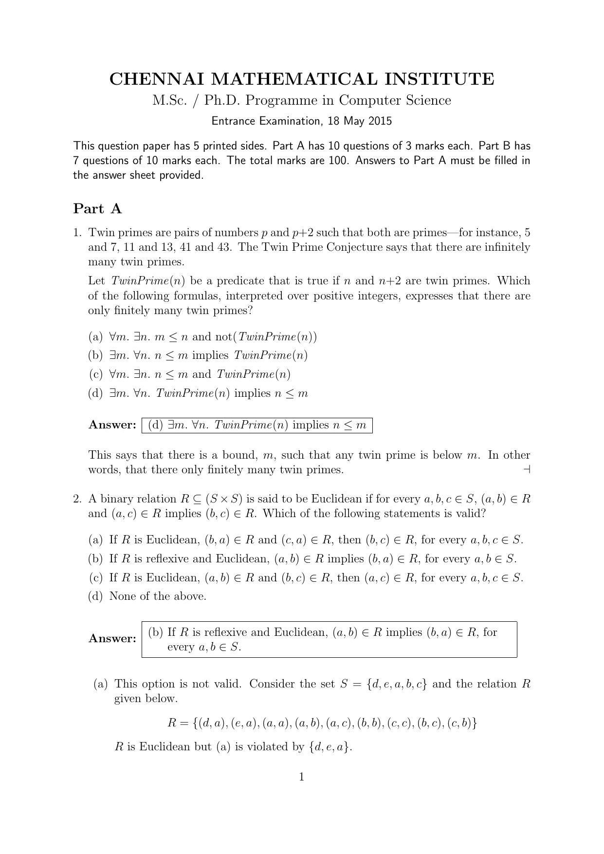 CMI Entrance Exam 2015 Solutions MSc/PhD Computer Science - Page 1