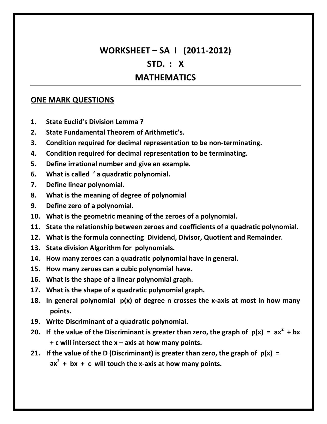 CBSE Worksheets for Class 10 Maths SA1 Assignment 2 - Page 1