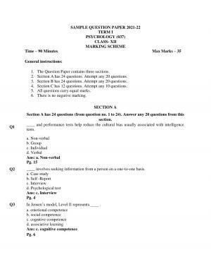 CBSE Class 12th Psychology Sample Question Paper Answer Key 2021-22