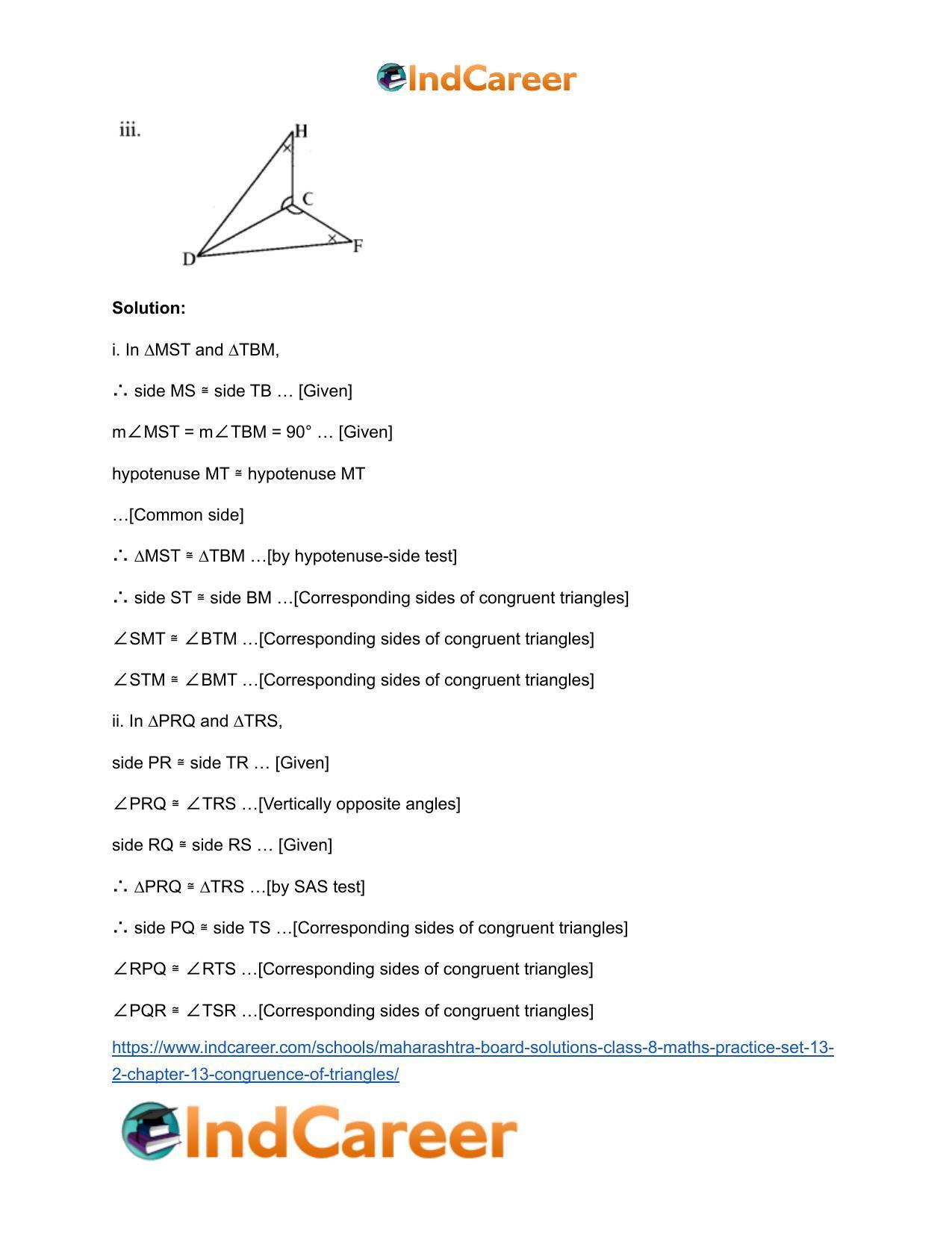 Maharashtra Board Solutions Class 8-Maths (Practice Set 13.2): Chapter 13- Congruence of Triangles - Page 3