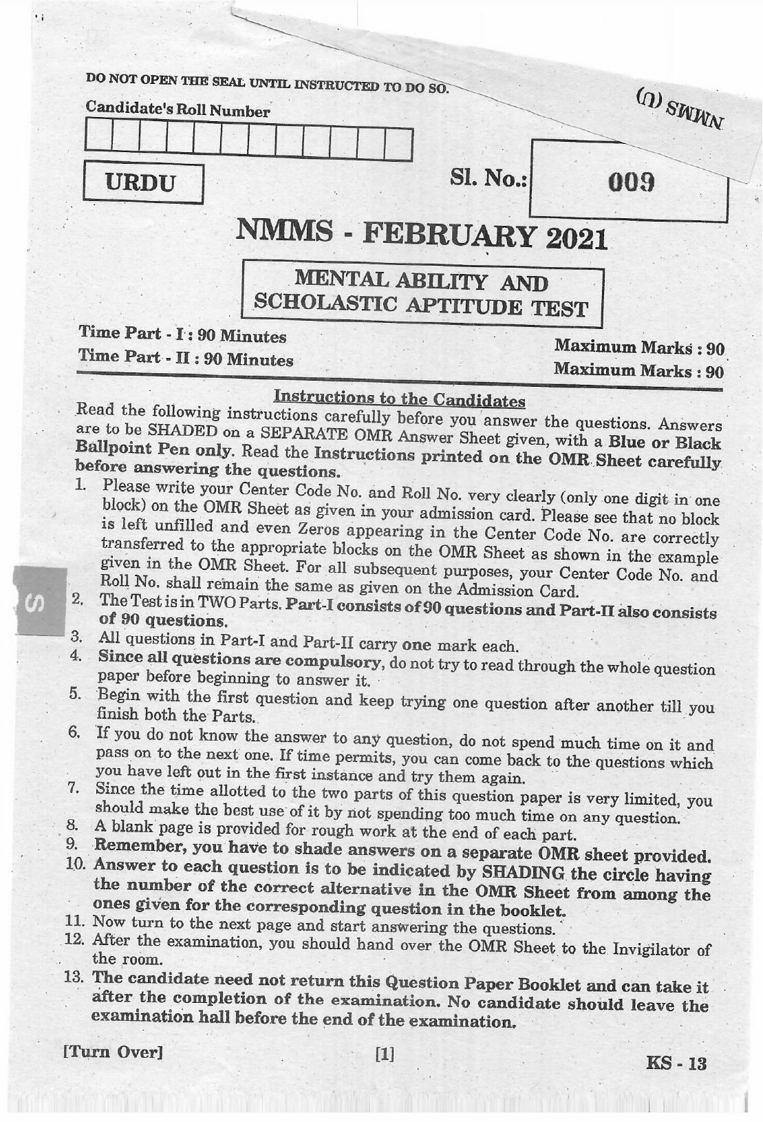 NMMS Feb 2021 - Booklet Code-A (Urdu Medium) - Page 1