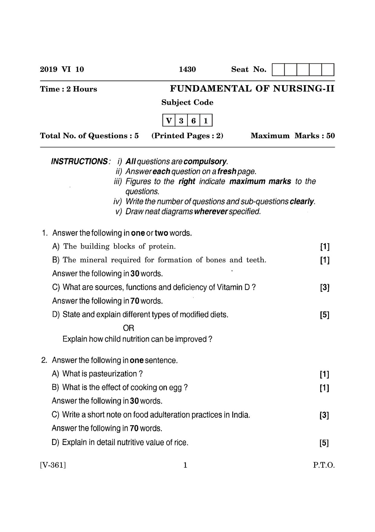 Goa Board Class 12 Fundamentals of Nursing - II  2019 (June 2019) Question Paper - Page 1