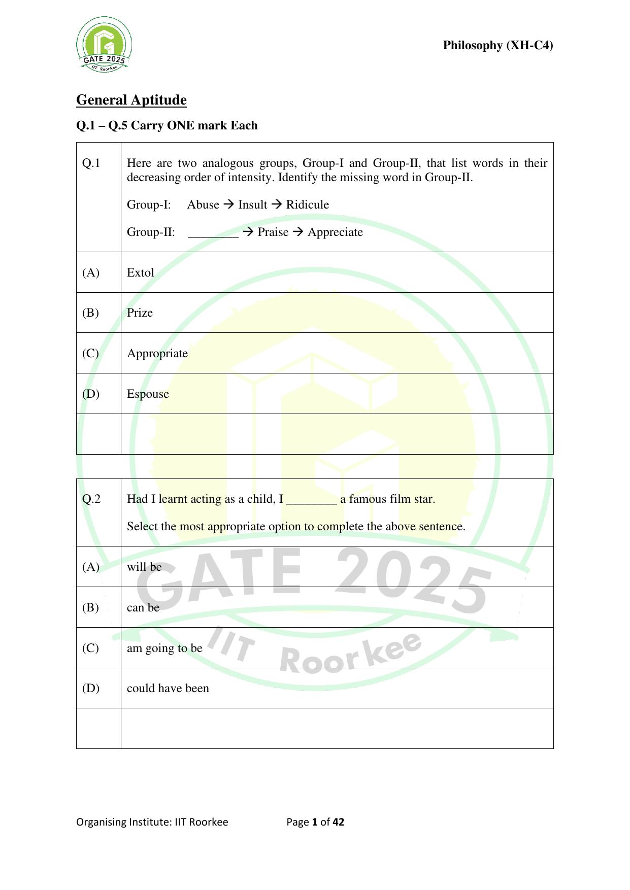 GATE 2025 Humanities & Social Sciences - Philosophy (XH-C4) Question Paper - Page 1