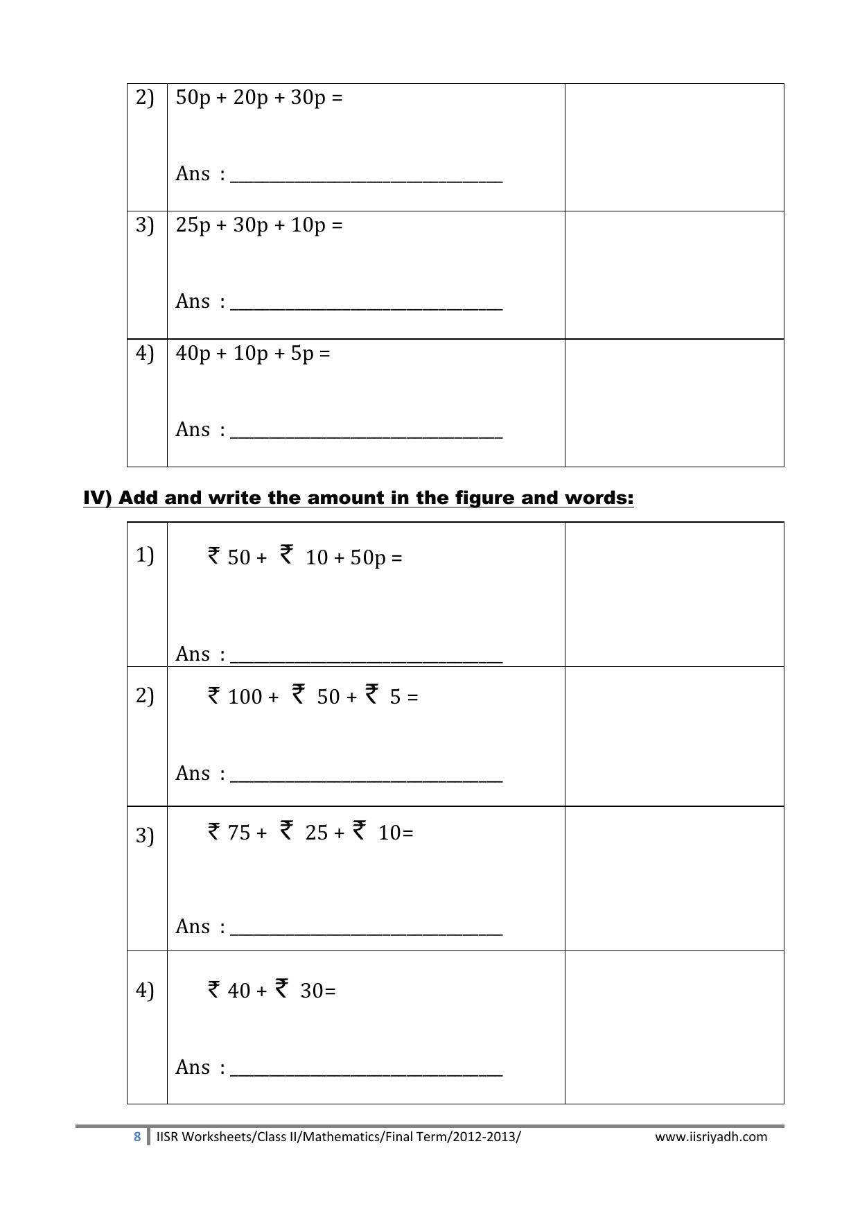 Worksheets for Class 2 Maths Assignment 124 Money - Page 2