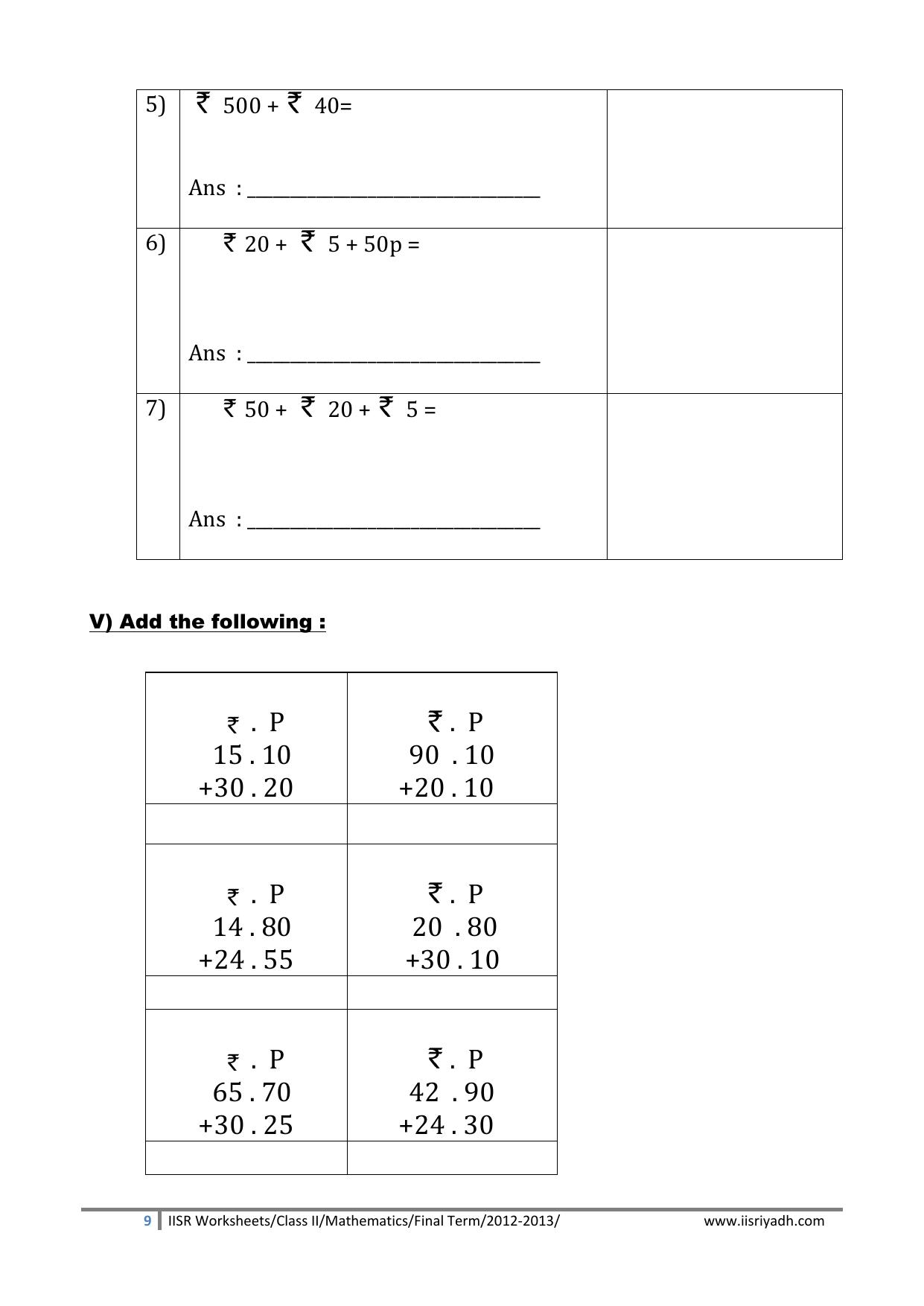 Worksheets for Class 2 Maths Assignment 124 Money - Page 3